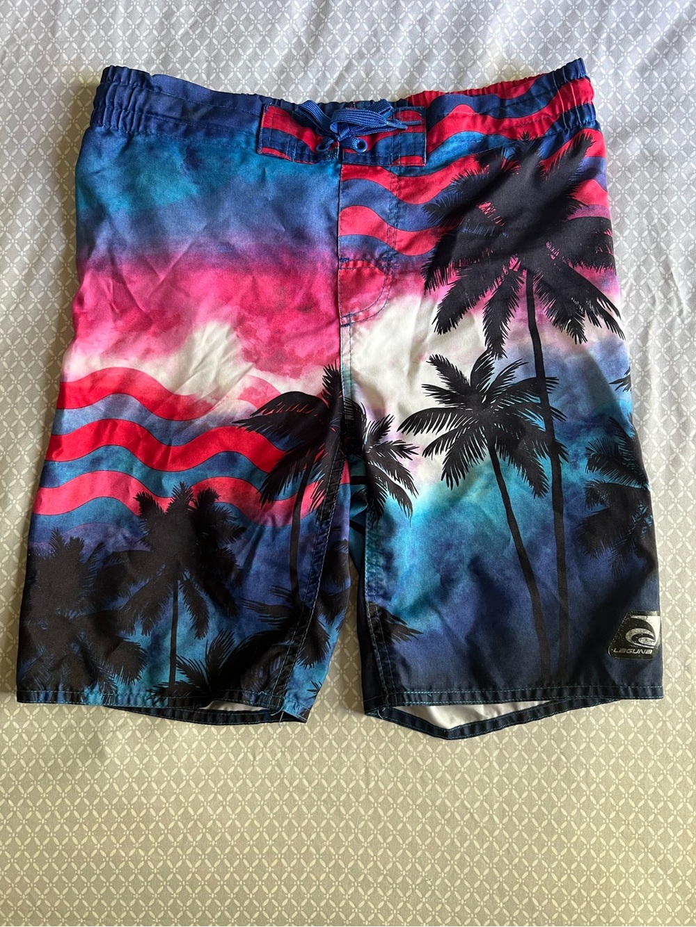 Laguna Boys Palm-Print Swim Trunks in Blue & Pink Sz M